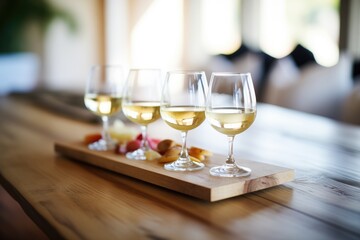 white wine flight on a wooden tasting board