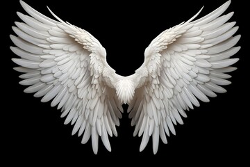 A pair of white fairy wings with soft feathers on a black background. generative AI - obrazy, fototapety, plakaty