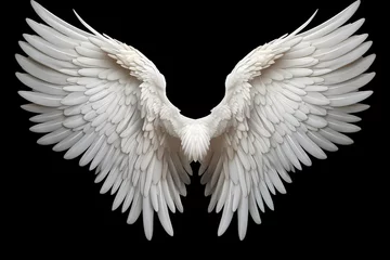 Fotobehang A pair of white fairy wings with soft feathers on a black background. generative AI © original logo