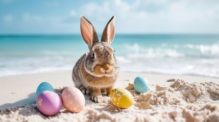 Happy Easter, with bunny and color eggs on the sandy beach by the ocean