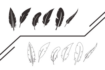 Set of black bird  feather in a flat style. Black quill feather silhouette. Plumelet collection. Vector icon logo isolated on white background - obrazy, fototapety, plakaty