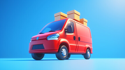 3d render cartoon red delivery car on a blue background