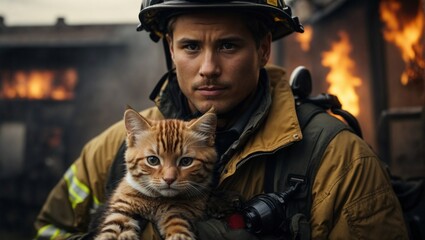 cat, fireman, fire, helmet, work, courage, kindness, fire, rescue, rescuer, eyes, profession