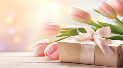 Obraz na płótnie Canvas Tulips and a giftbox. Happy Mother Day concept. AI generated image.