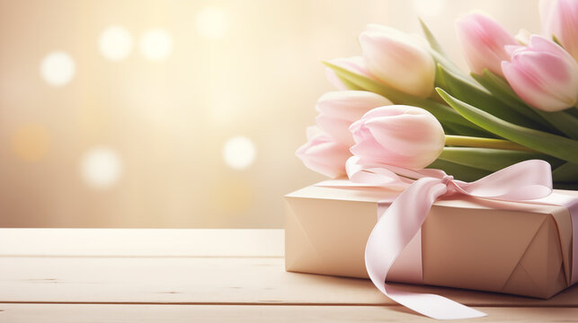 Tulips and a giftbox. Happy Mother Day concept. AI generated image.
