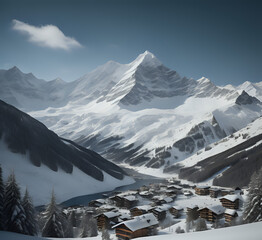 Mountains and snow-capped peaks of the Caucasus Mountains. Beautiful winter landscape with snow covered mountains and blue sky. generative ai