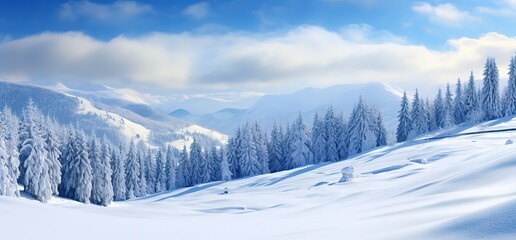 Obraz premium The view of the snowy forest is white and the sky is blue. generative AI