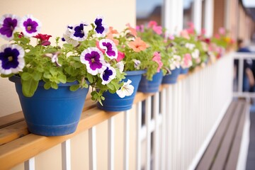 cascading petunia pots on a sunny balcony railing