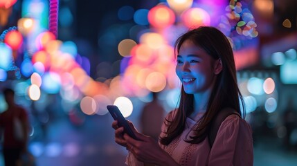 Happy young asian woman chatting on mobile phone while standing in city at night, Female using smartphone enjoy spend time on holiday vacation