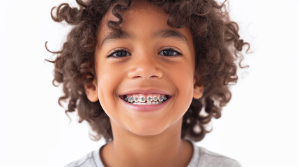 portrait of smiling child boy with braces on teeth. Bite correction, orthodontist, health, medicine, dentistry