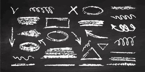 Hand-drawn underlining elements, brush with crayon effect, chalk texture on chalkboard background. Chalk stroke. Vector illustration in children's style. Crayon brush white underline.