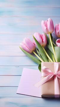 Tulips and a giftbox. Happy Mother Day concept. AI generated image.