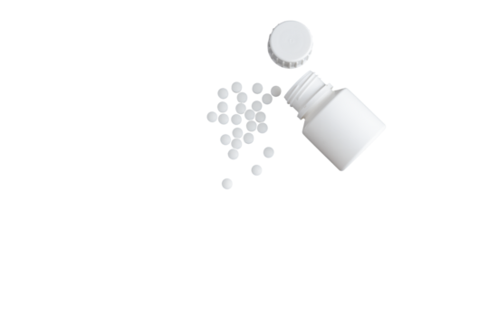 isolated shot of spilled pills coming out of a white plastic bottle on transparent background