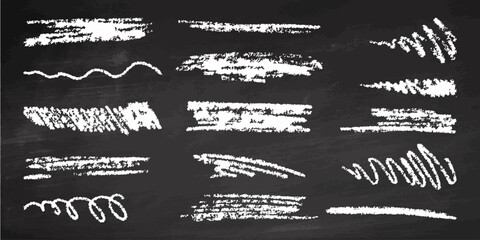 Hand-drawn underlining elements, brush with crayon effect, chalk texture on chalkboard background. Chalk stroke. Vector illustration in children's style. Crayon brush white underline. - obrazy, fototapety, plakaty