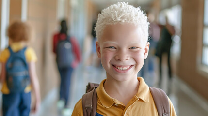 Smiling albino boy looking at camera while standing in school hallway. People individually, self acceptance
