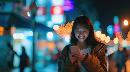 Happy young asian woman chatting on mobile phone while standing in city at night, Female using smartphone enjoy spend time on holiday vacation