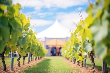 rows of grapevines leading to a wine tasting tent