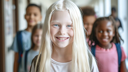 Lovely albino girl smiling and looking at camera while standing in school hallway. People individually, self acceptance.  - obrazy, fototapety, plakaty