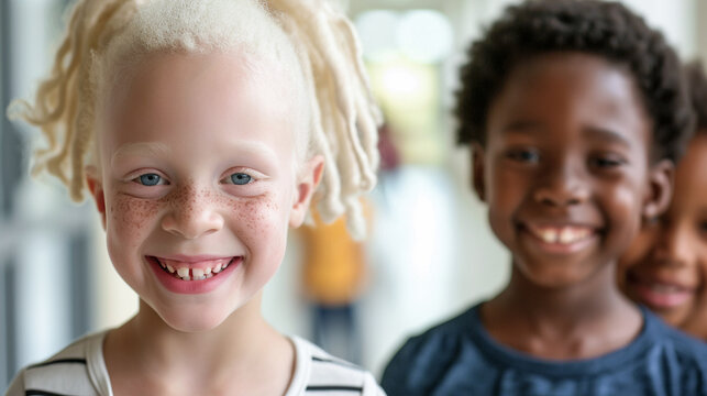 Lovely albino girl smiling and looking at camera while standing in school hallway. People individually, self acceptance. 