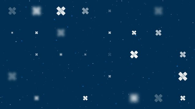 Template animation of evenly spaced adhesive plaster symbols of different sizes and opacity. Animation of transparency and size. Seamless looped 4k animation on dark blue background with stars