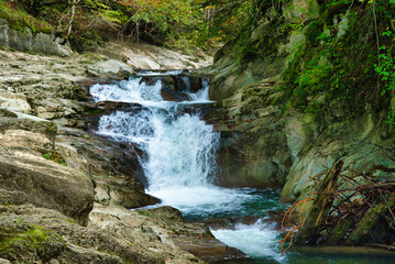 Waterfall of the Cube located in the interior forest of irati the second largest beech-fir forest in Europe Navarre, Spain