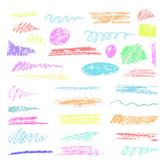 Hand-drawn underlining elements, brush with crayon effect, chalk texture. Chalk stroke for highlighting. Vector illustration in children's style. Crayon brush colored underline.