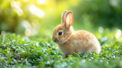 Lovely bunny easter fluffy baby rabbit eating green grass with a basket full of colorful easter eggs on green garden nature with flowers background on warming day