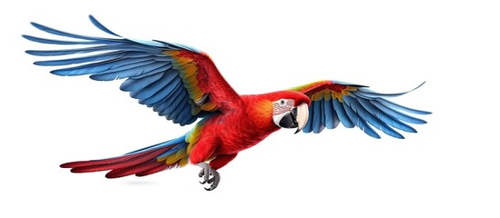 Colorful flying macaw parrots isolated on white