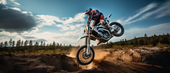 motorcycle stunt or car jump, A off road moto cross type motor bike in mid air during a jump with a dirt trail - obrazy, fototapety, plakaty