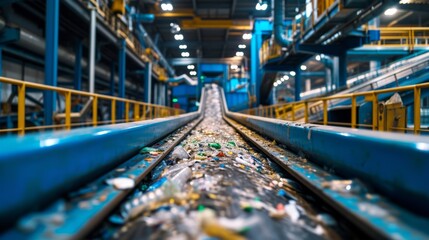 Obraz premium Close-up of a recycling conveyor belt at a modern ecological plant, separating and processing different materials
