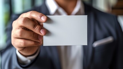 hand of Businessman holding blank white card