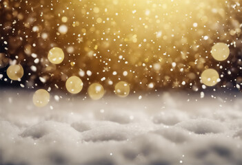 Neve Danzante- Sfondo Sfocato con Nevicata, Cornice per Cartoline Natalizie in Stile Vintage su Muro Dorato