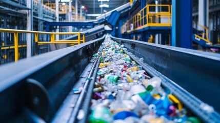 Close-up of a recycling conveyor belt at a modern ecological plant, separating and processing different materials - obrazy, fototapety, plakaty