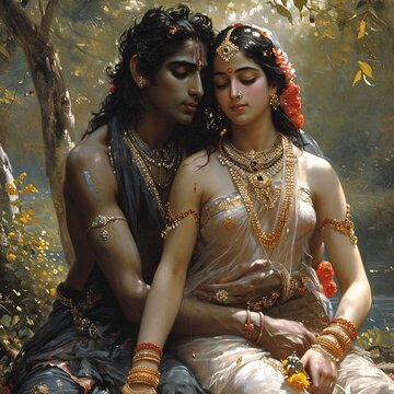 Indian Gods and Goddesses Embrace in a Painted Portrait Generative AI