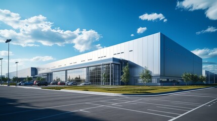 logistics center, headquarters or large office building under a blue sky