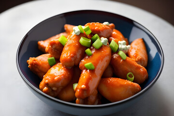 A bowl of spicy buffalo wings with celery and blue cheese