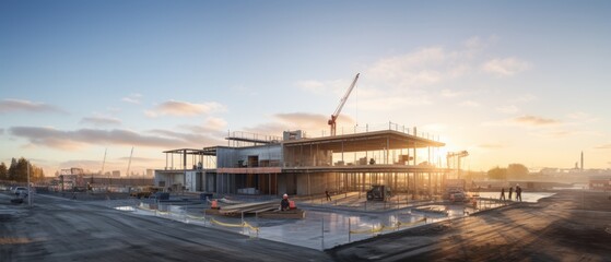 modern concrete and steel building construction site in morning - obrazy, fototapety, plakaty