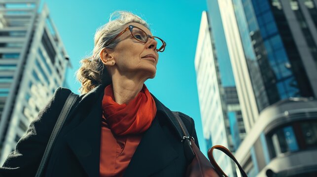 Low angle view of a mature businesswoman commuting to work in the city