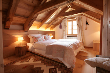 Obraz na płótnie Canvas Rustic alpine bedroom with exposed beams, warm lighting, and charming floral bedding, offering a quaint retreat