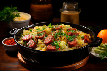 Stewed cabbage with sausages in a clay bowl. Generative AI.