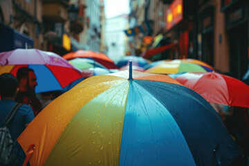 colorful umbrella open in the crowded street on the street - obrazy, fototapety, plakaty