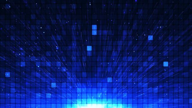 Abstract bright mosaic background. Abstract blue LED background with rays and motion dots. Bright pixel grid background. Abstract explosions with light rays and glowing particles. Animation of a