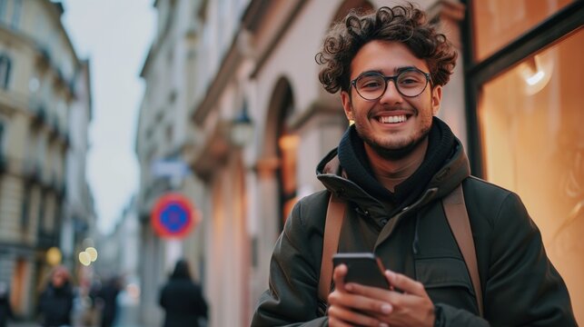 Fototapeta man smiling confident using smartphone at street