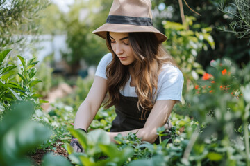 Young caucasian woman with long hair and hat gardening food spices on her backyard or garden