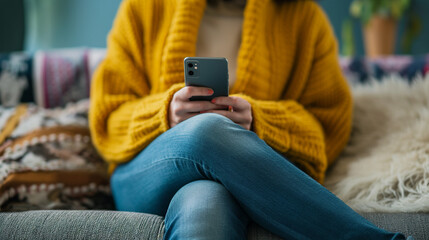 Person hält Smartphone in beiden Händen sitzend Ausschnitt vom Schoss auf einer Bank oder Sofa Generative AI - obrazy, fototapety, plakaty