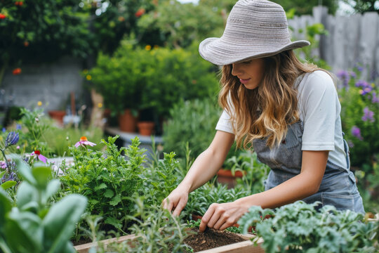 Young caucasian woman with long curly hair and hat gardening food spices on her backyard or garden