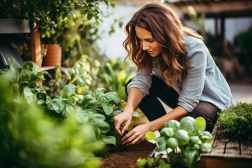 Young caucasian woman with long hair gardening food spices on her backyard