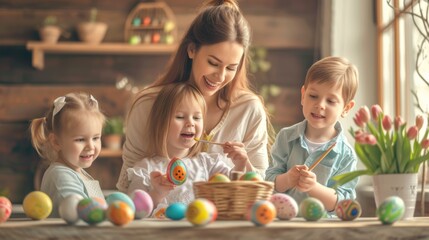 Obraz premium Happy family mother and child painting easter eggs for easter