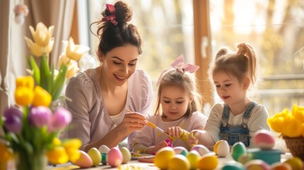 Obraz premium Happy family mother and child painting easter eggs for easter