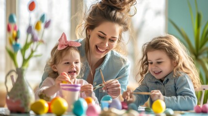 Naklejka premium Happy family mother and child painting easter eggs for easter